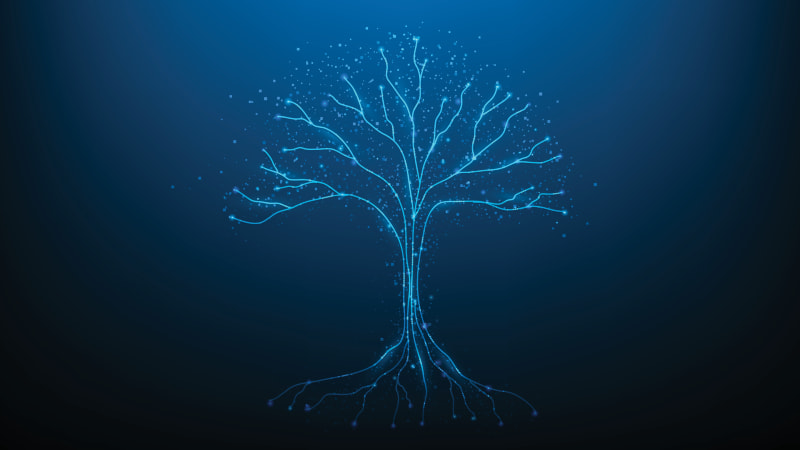 A digital blue tree on a gradient blue background.